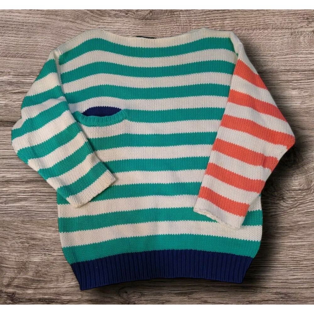 Rare VTG 1960s CRICKET Cable Knit Striped Sweater S Cream Green Orange Mod EUC